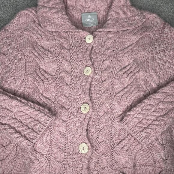 Aran Woollen Mills Sweater Womens Large Pink Merino Cable Knit Cardigan Ireland - Picture 1 of 13